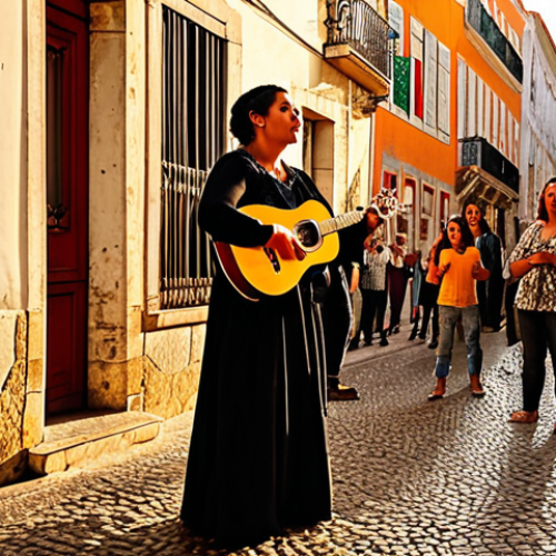Home 11 **
"A vibrant, crowded street performance in Lisbon. A Fado singer passionately performing, surrounded by a diverse audience. Street musicians playing Portuguese guitar. Golden hour lighting. Focus on emotion and movement. Capture the energy of Alfama district. Legal permits visible in the background (subtly). Authentic Portuguese architecture."
**