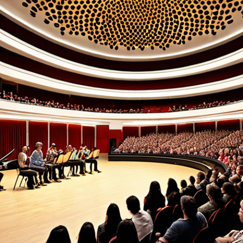 Home 6 Acoustic Concert Hall**
> A vibrant concert hall filled with people enjoying a performance. Focus on the clarity of sound, perhaps depicting sound waves visually. Include acoustic panels and design elements that contribute to good acoustics.
**