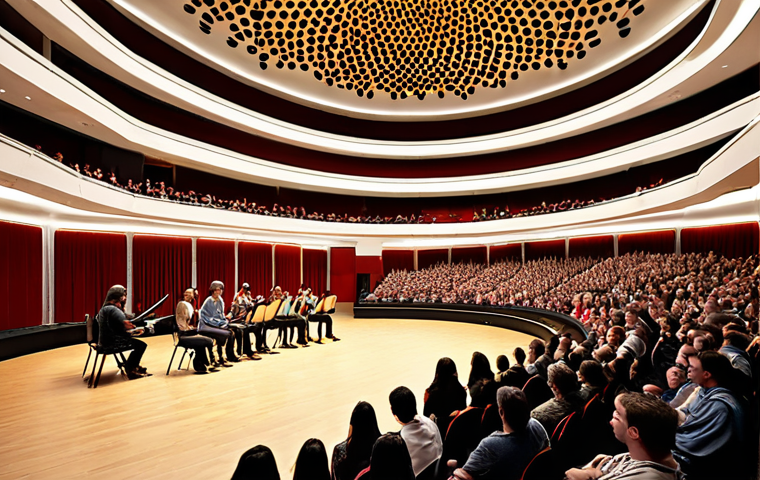 Acoustic Concert Hall**

> A vibrant concert hall filled with people enjoying a performance. Focus on the clarity of sound, perhaps depicting sound waves visually. Include acoustic panels and design elements that contribute to good acoustics.

**