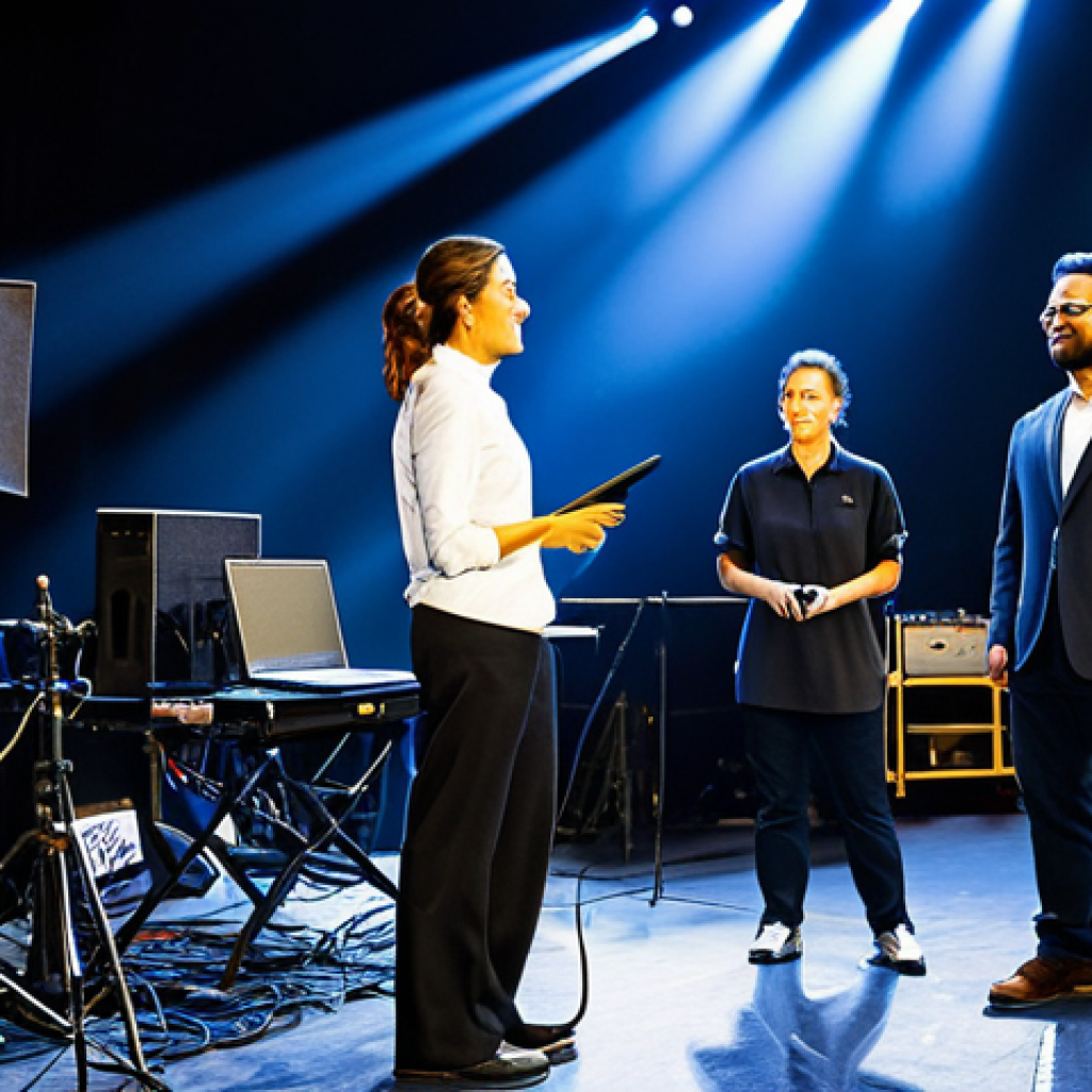 Backstage Success**

"A diverse team of event staff collaborates backstage, fully clothed in professional attire, diligently working on lighting, sound, and stage setup. The scene exudes organized chaos and focused energy.  Safe for work, appropriate content, perfect anatomy, correct proportions, well-formed hands, natural pose, professional, family-friendly, modest clothing."

**