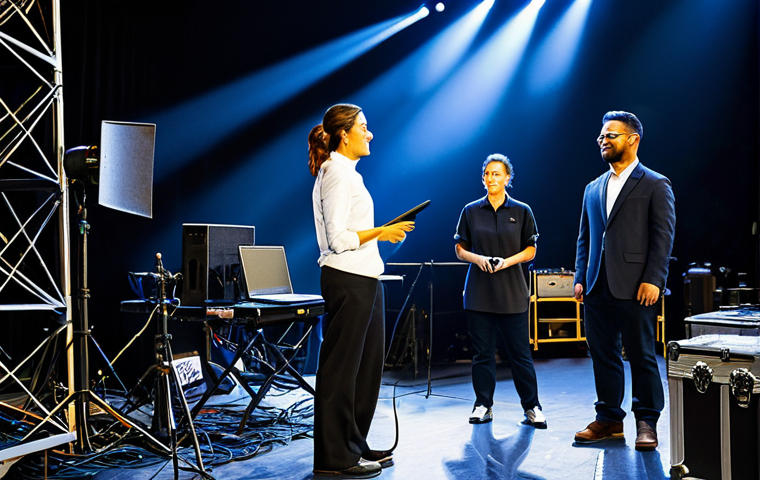 Backstage Success**

"A diverse team of event staff collaborates backstage, fully clothed in professional attire, diligently working on lighting, sound, and stage setup. The scene exudes organized chaos and focused energy.  Safe for work, appropriate content, perfect anatomy, correct proportions, well-formed hands, natural pose, professional, family-friendly, modest clothing."

**