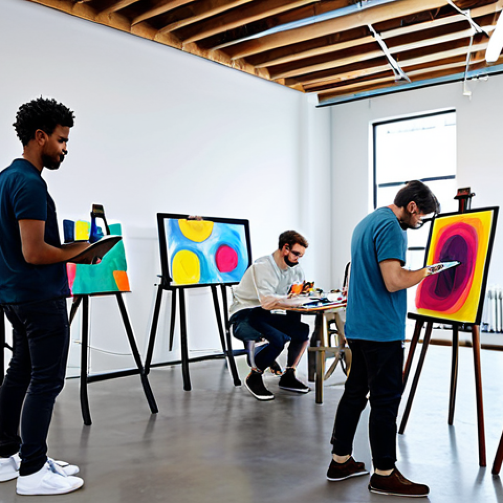 Collaborative Art Studio**

"A diverse group of artists working together in a bright, modern art studio. Some are painting on canvases, others are sculpting, and one is working on a digital design on a tablet. The atmosphere is collaborative and energetic.  Fully clothed, appropriate attire, safe for work, perfect anatomy, natural proportions, professional art direction, high quality."

**