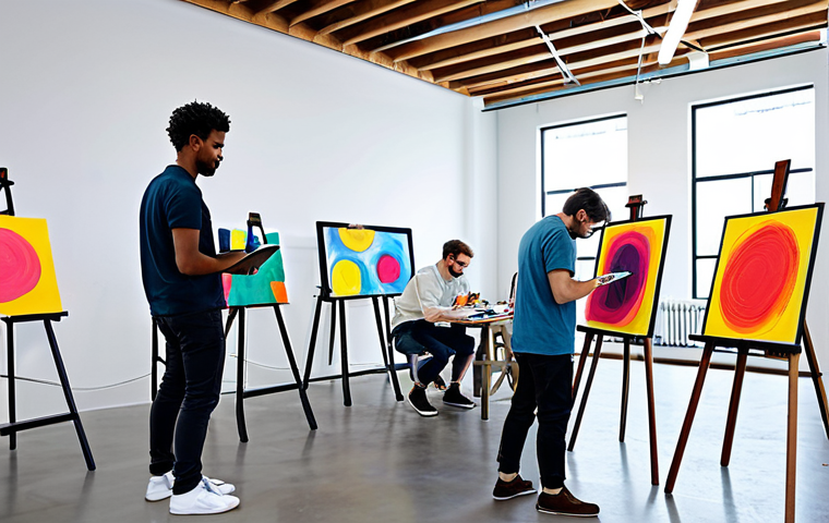 Collaborative Art Studio**

"A diverse group of artists working together in a bright, modern art studio. Some are painting on canvases, others are sculpting, and one is working on a digital design on a tablet. The atmosphere is collaborative and energetic.  Fully clothed, appropriate attire, safe for work, perfect anatomy, natural proportions, professional art direction, high quality."

**