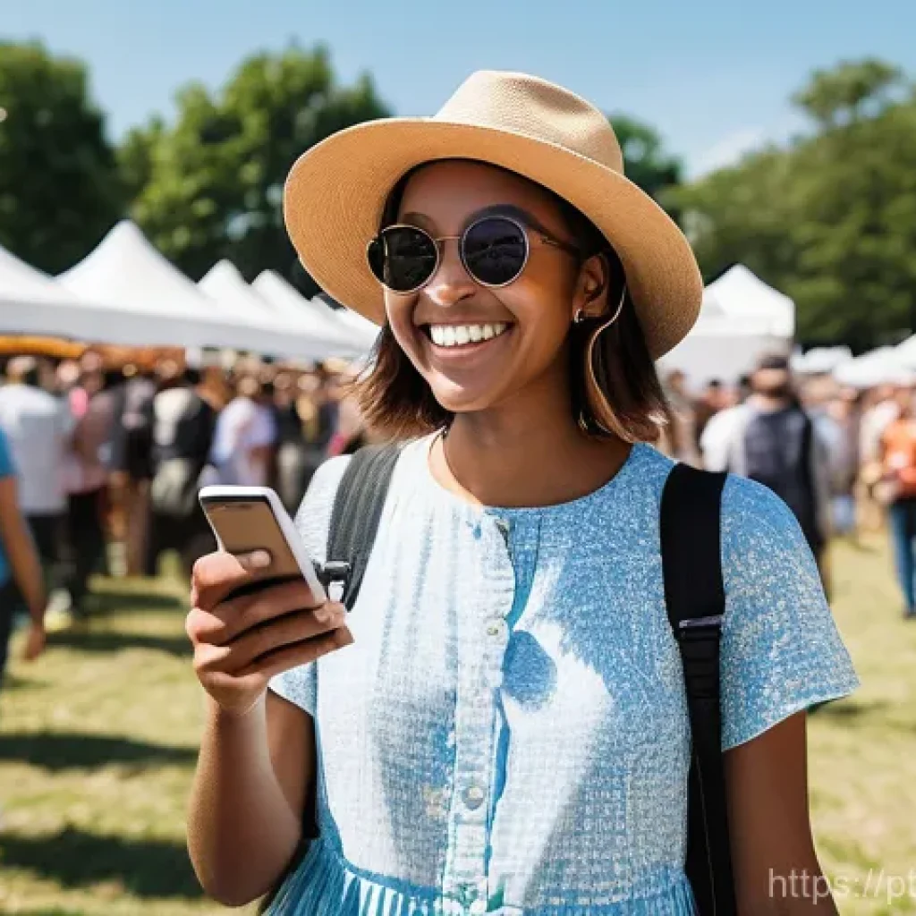 현존 기반 공연 접근법의 사용자 경험 디자인 - **A Seamless Festival Experience:**
    A vibrant, wide-angle shot of a diverse crowd of young adult...