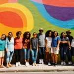 Home 20 현존 기반 공연 접근법을 위한 커뮤니티 구축 - **"A vibrant and diverse community mural project in a sunny, bustling Lisbon neighborhood. People of...