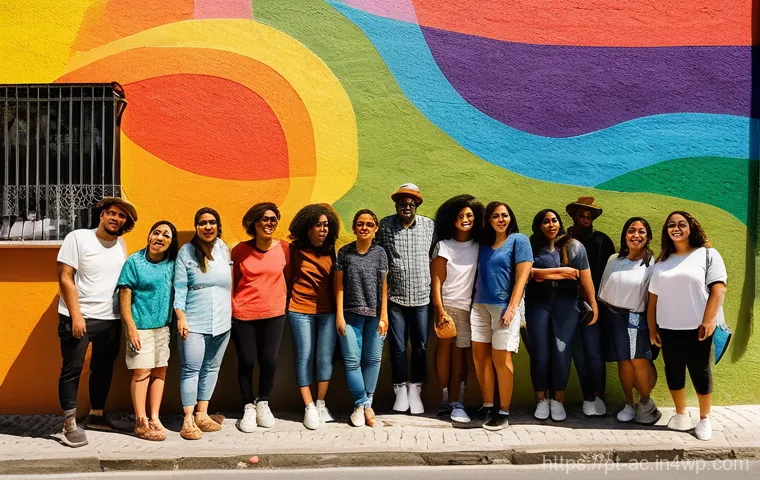 현존 기반 공연 접근법을 위한 커뮤니티 구축 - **"A vibrant and diverse community mural project in a sunny, bustling Lisbon neighborhood. People of...