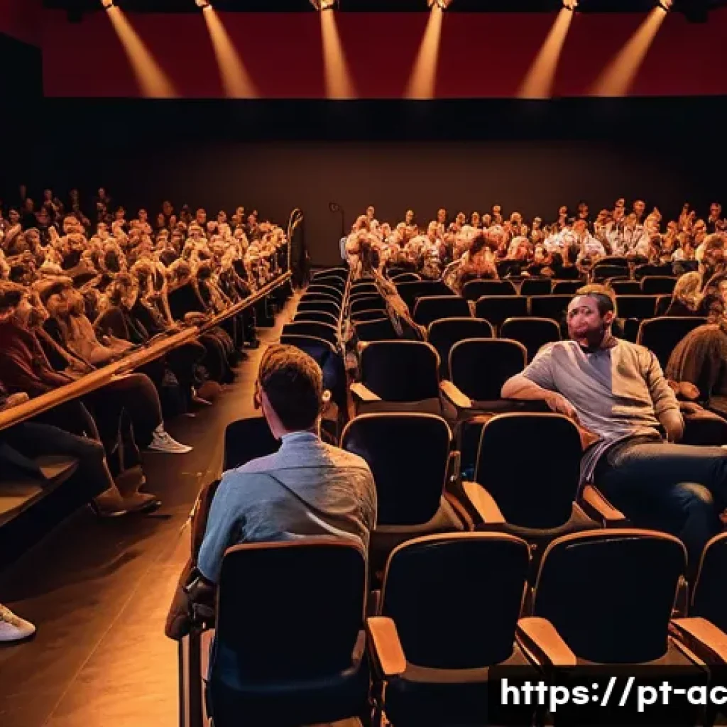 현존 기반 공연 접근법과 관객 참여의 관계 - A dynamic live performance scene in a modern art theater with an artist engaging directly with a div...