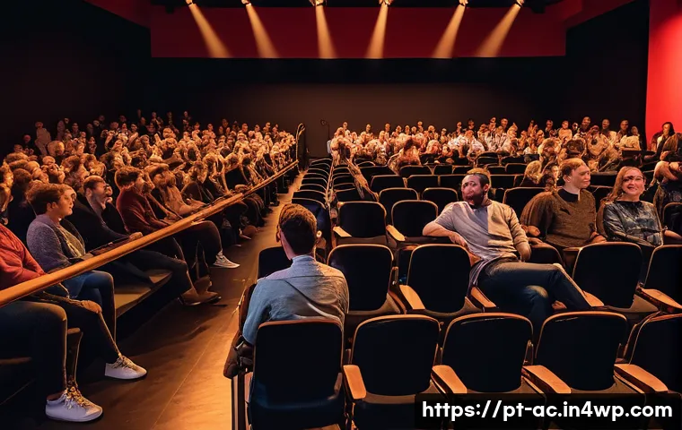 현존 기반 공연 접근법과 관객 참여의 관계 - A dynamic live performance scene in a modern art theater with an artist engaging directly with a div...