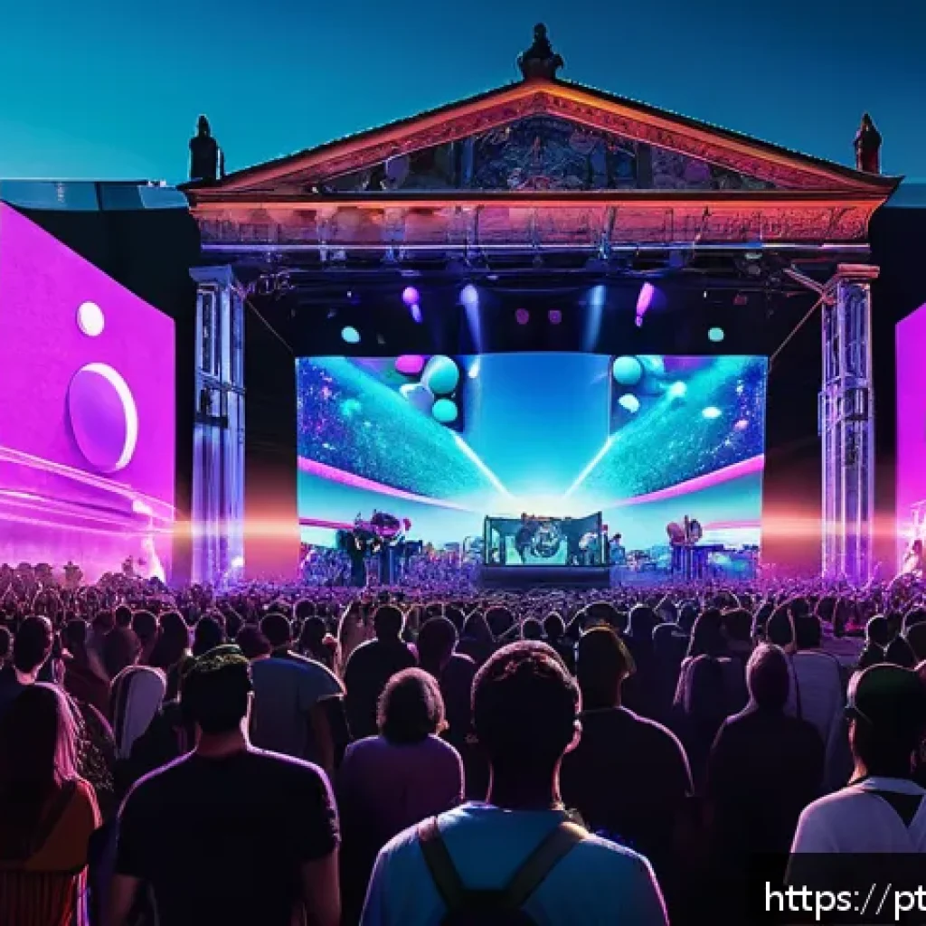 현존 기반 공연 접근법의 오프라인과 온라인 통합 - A vibrant hybrid music festival scene blending a large outdoor crowd enjoying a live concert under c...