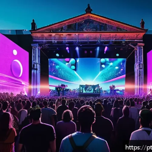 Home 28 현존 기반 공연 접근법의 오프라인과 온라인 통합 - A vibrant hybrid music festival scene blending a large outdoor crowd enjoying a live concert under c...