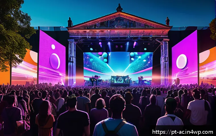 현존 기반 공연 접근법의 오프라인과 온라인 통합 - A vibrant hybrid music festival scene blending a large outdoor crowd enjoying a live concert under c...