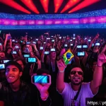 Home 21 현존 기반 공연 접근법의 인터랙티브 요소 - A vibrant live concert scene set in São Paulo, Brazil, featuring a diverse crowd actively engaging w...