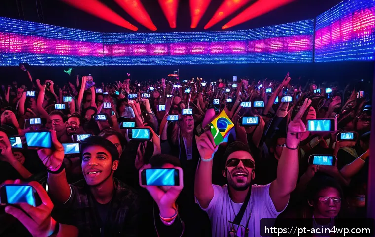 현존 기반 공연 접근법의 인터랙티브 요소 - A vibrant live concert scene set in São Paulo, Brazil, featuring a diverse crowd actively engaging w...